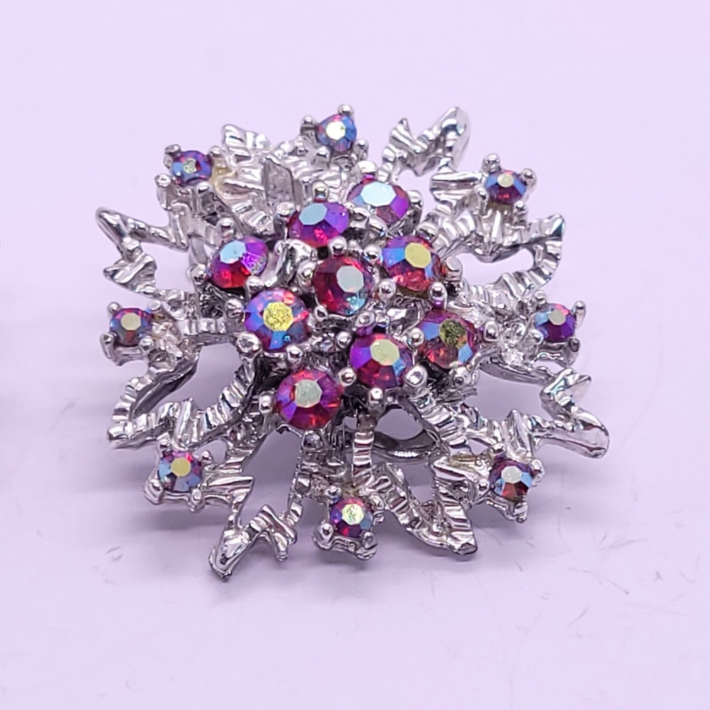 Vintage AB Rhinestone Starburst Clip-On Earrings Silver Tone 24.5mm